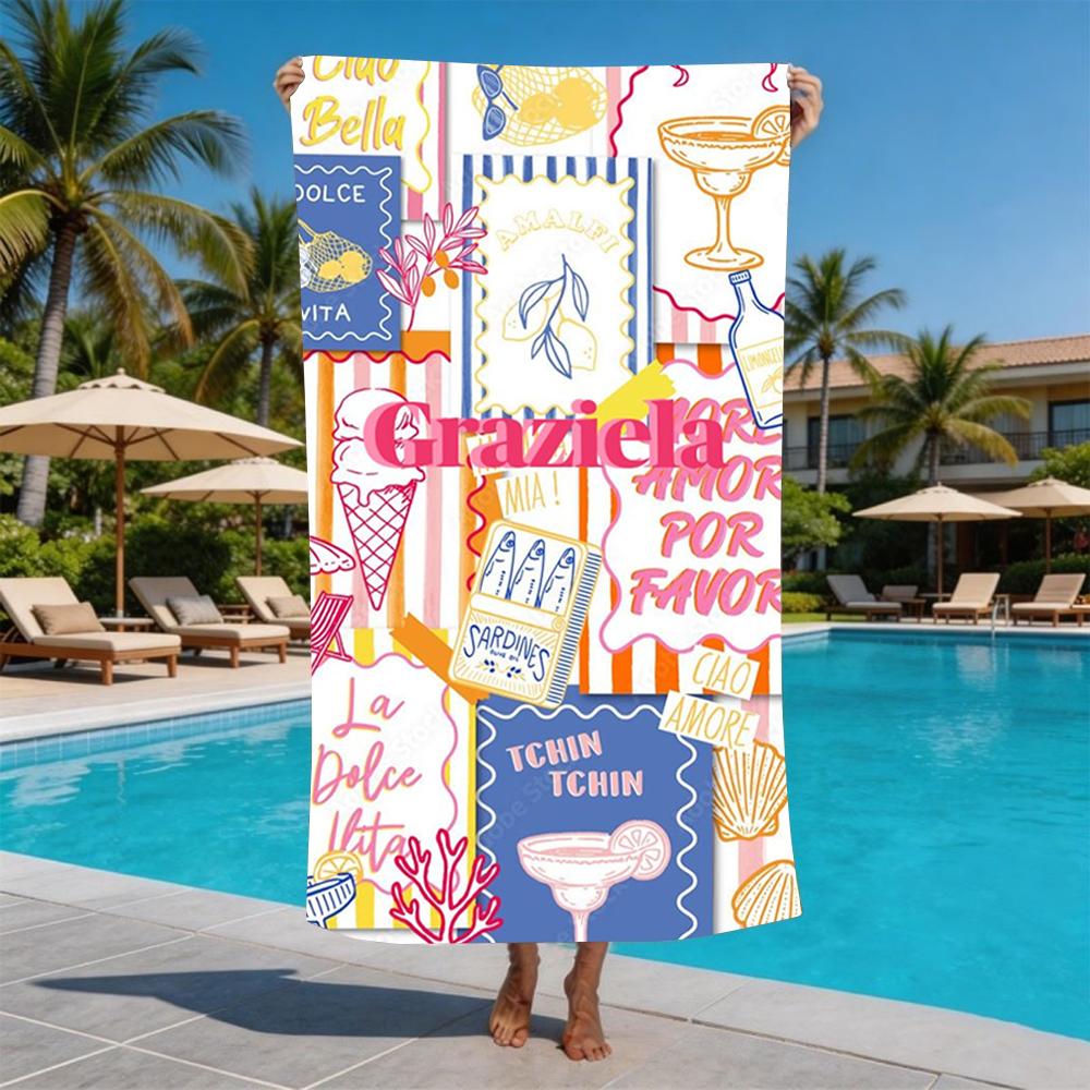 Pink Orange Ibiza Summer Collage Beach Towel Multiple Sizes For Fashion Women Mediterranean Holiday Swim Towel