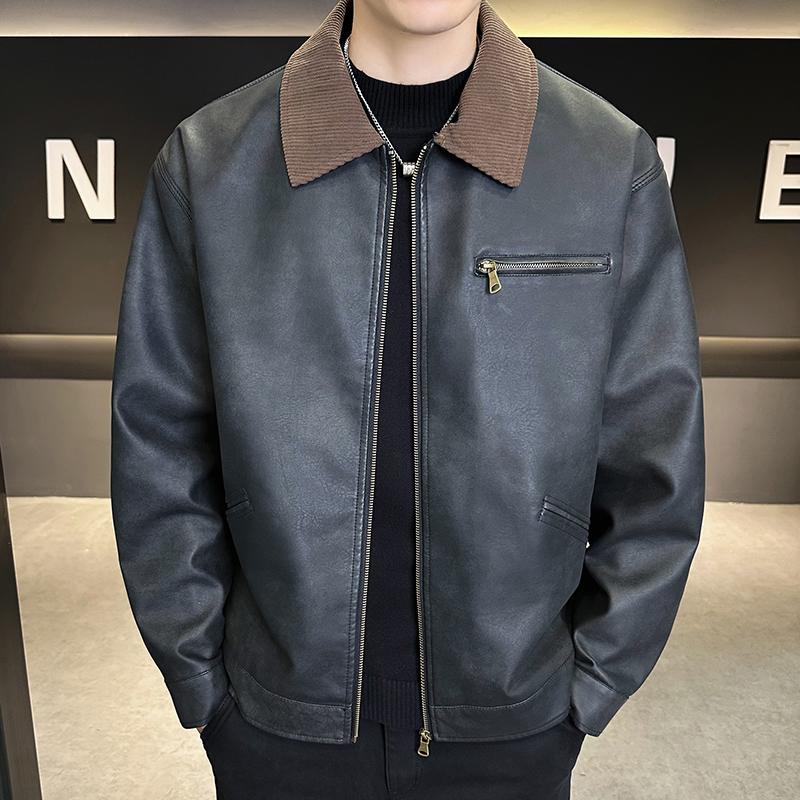 PU Leather Jacket Men's Workwear Style Tough Street Simple Motorcycle Style Fashionable Men's Jacket