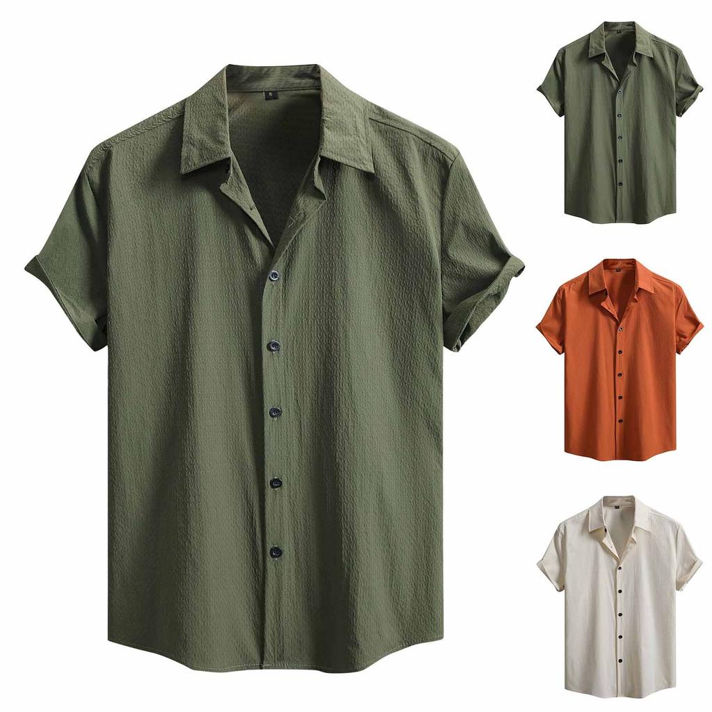 Men's Solid Color Textured Button Short Sleeve Shirts Men's Casual Fashion Short Sleeve Shirts