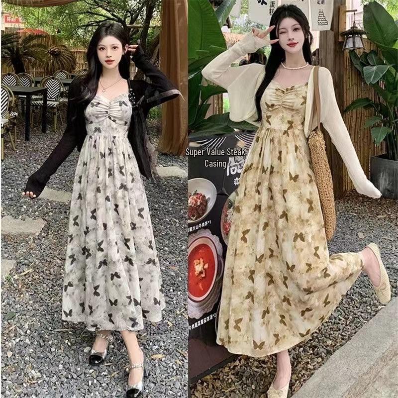 Women's Summer Slim-Fit Floral Dress Set with Cardigan - French Style