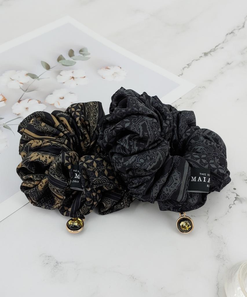 Maia Emblem Pattern Hair Scrunchie - Beige Bk