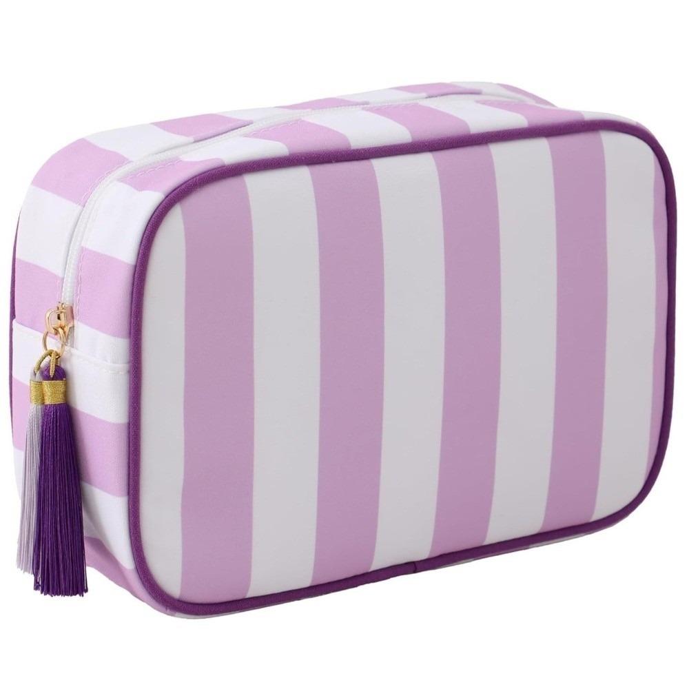 Large Capacity Portable Cosmetic Bag Large Striped Makeup Bag Portable Pouch  Girls White Purple