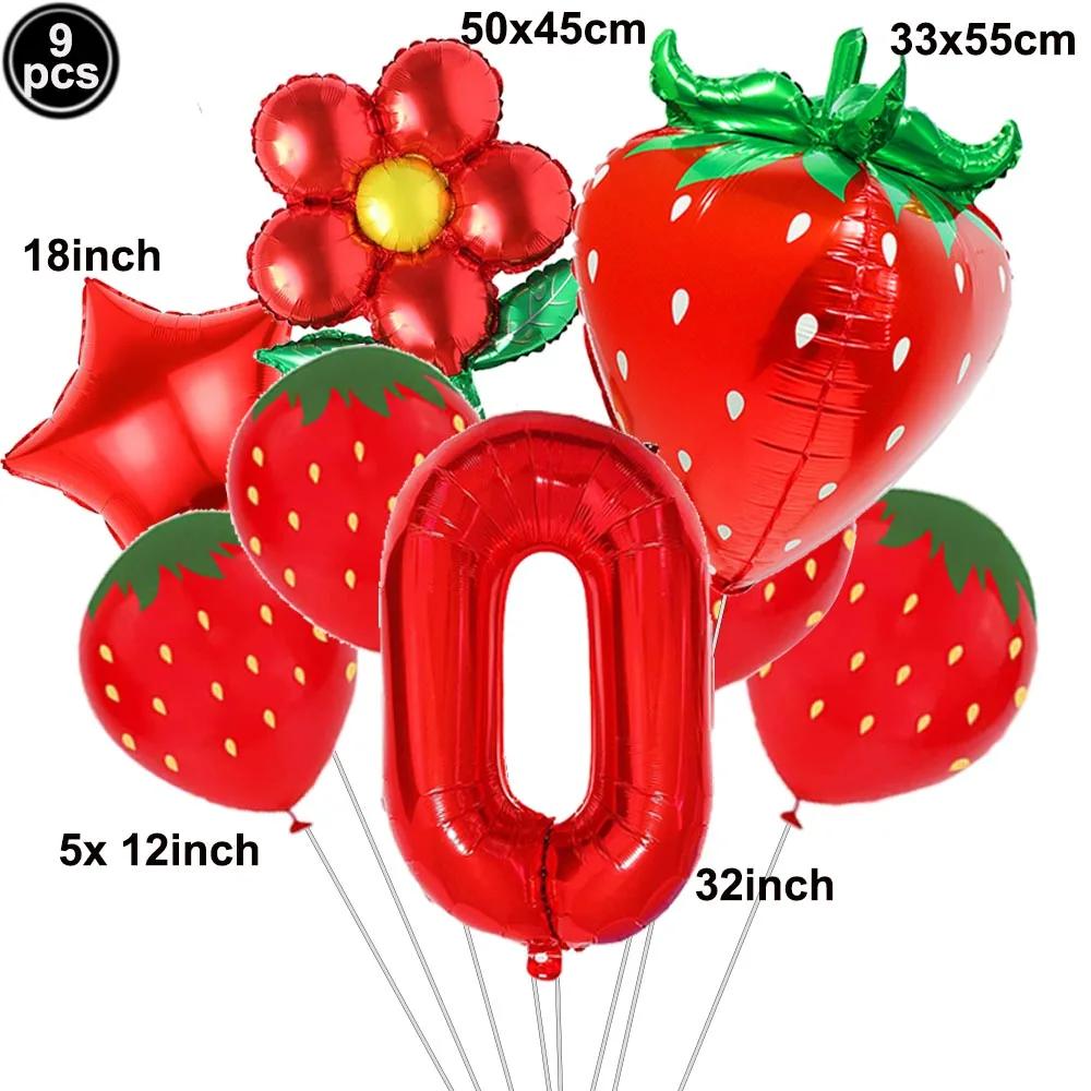 9pcs Strawberry Balloons Kits Birthday Decorations for Girls 32inch 0-9 Number Balloons for Strawberry Birthday Party Decors