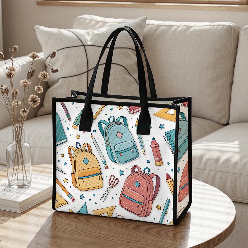 Cute School Pattern Tote Bag Casual Daily Use Handbag Lightweight Portable Shopping Shoulder Bag for Students Teachers