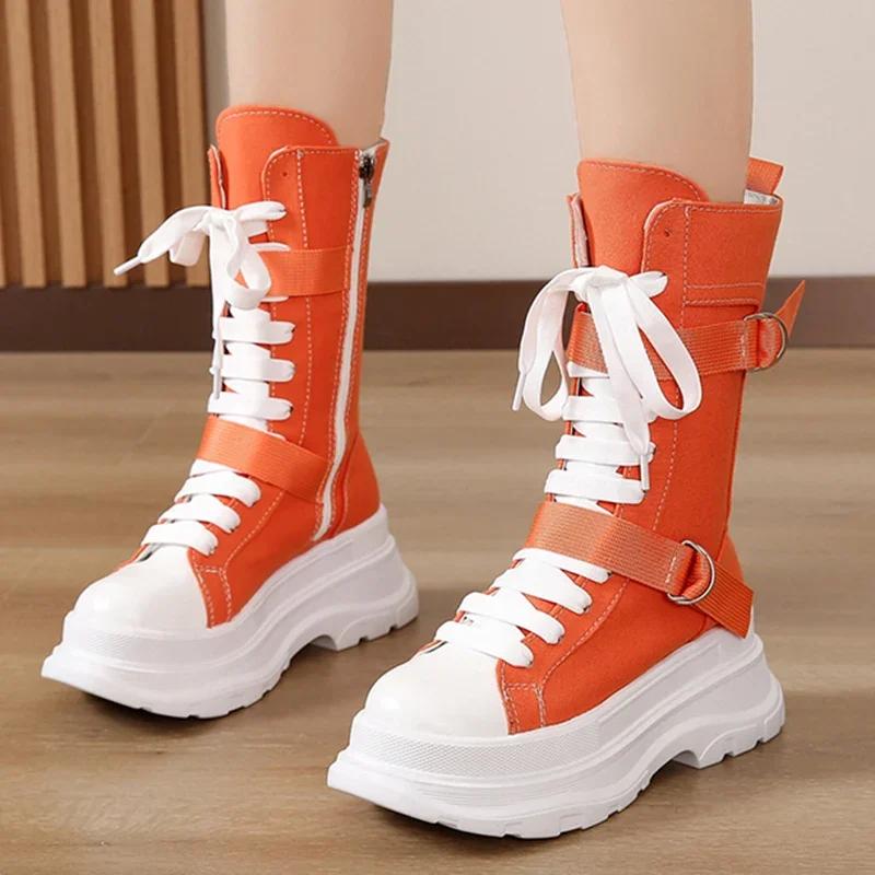 Scarpe Donna in Tela Arancione con Plateau Spesso Autunnali Stivaletti alla Caviglia Stringati Design Y2K Stivali da Motociclista da Donna