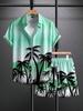 Men's Blue Ocean Palm Tree Print Short Shirt and Shorts Set, Hawaiian Beach Vacation Style Shirt Set