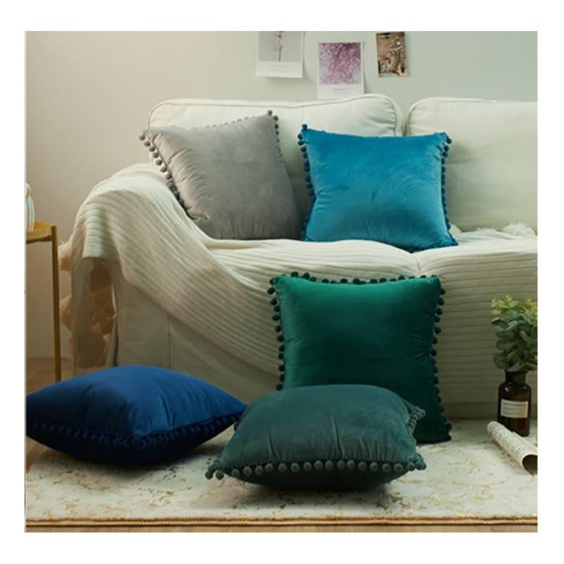 Velvet Solid Dutch Color Pillow Cases Pompom Edging Cushion Cover Living Room
