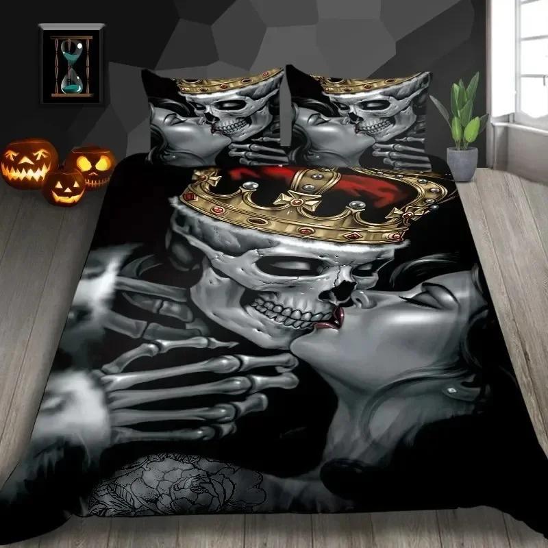 Skelett King Queen Bettbezug Totenkopf Bettwäsche Set für Kinder Teenager Erwachsene Halloween Schlafzimmer Dekor Weicher Bettbezug Kissenbezüge