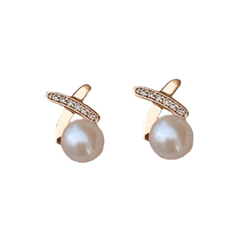 S925 Silver Needle Stud Earrings - Silver Pearl Cross Design Fashionable Earrings