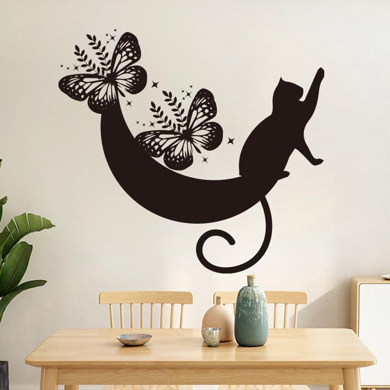 Black Moon Cat Wall Stickers Stars Home Bedroom Decor Peel and Stick Wall Art Removable Vinyl Decals for Room Beautification