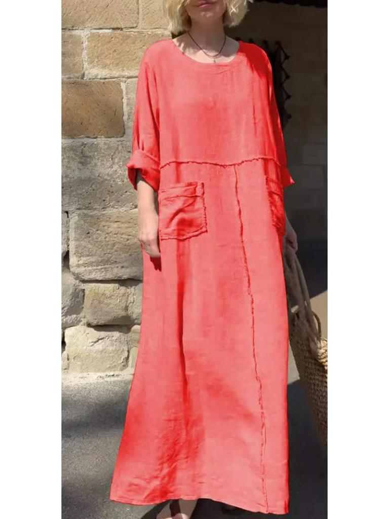 2026 Grenzüberschreitendes Sommer-Freizeitkleid für Damen, Rundhalsausschnitt, Baumwoll-Leinen, Langarm, mit Falten und doppelten Seitentaschen