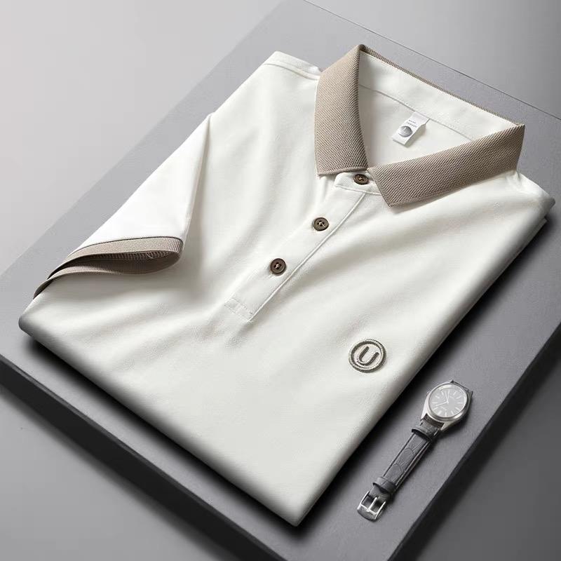

Роскошная модная рубашка поло с коротким рукавом и U-образной буквой, мужская летняя футболка из дышащего шелка с лацканами, повседневная молодежная футболка в Корейском стиле 4XL белый