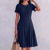 ZANZEA Women Casual Round Neck Solid Color Short Sleeve Summer Pleated Dress