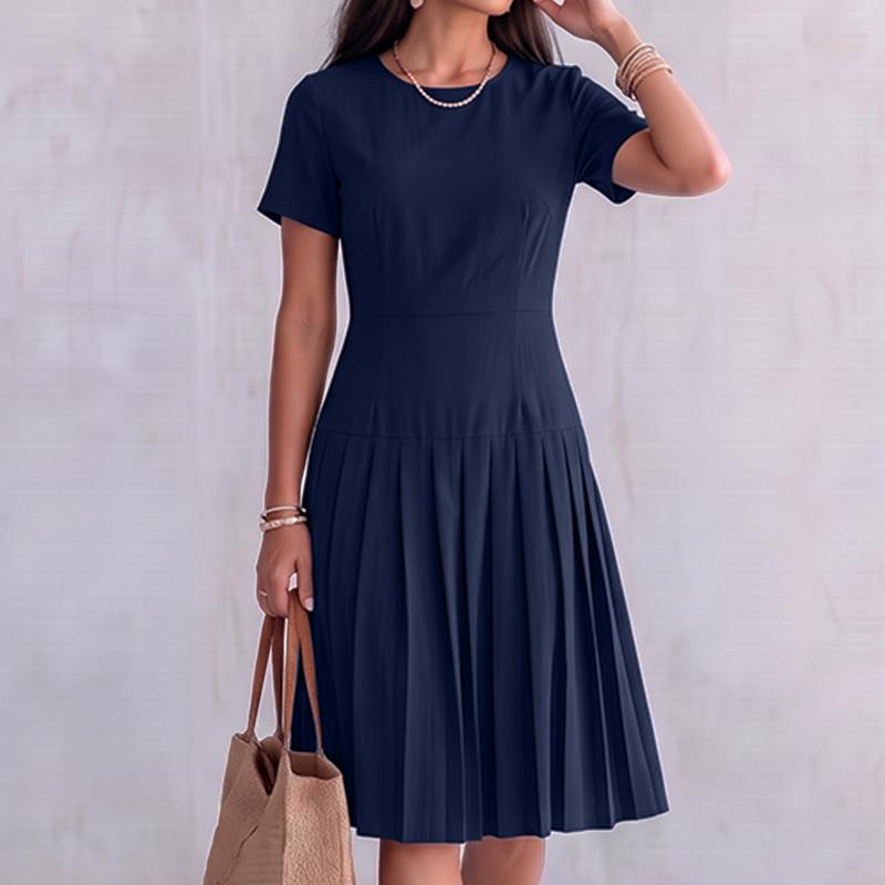 ZANZEA Women Casual Round Neck Solid Color Short Sleeve Summer Pleated Dress
