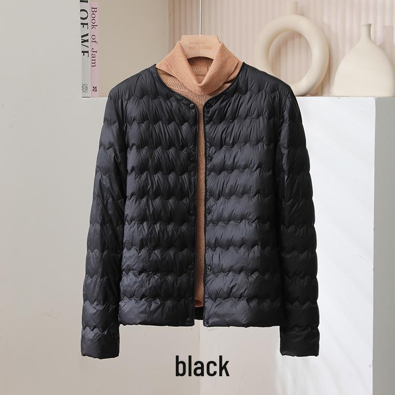 Women's Lightweight Down Jacket, Short Wave Pattern, Convertible Round/V-Neck, Warm for Autumn/Winter