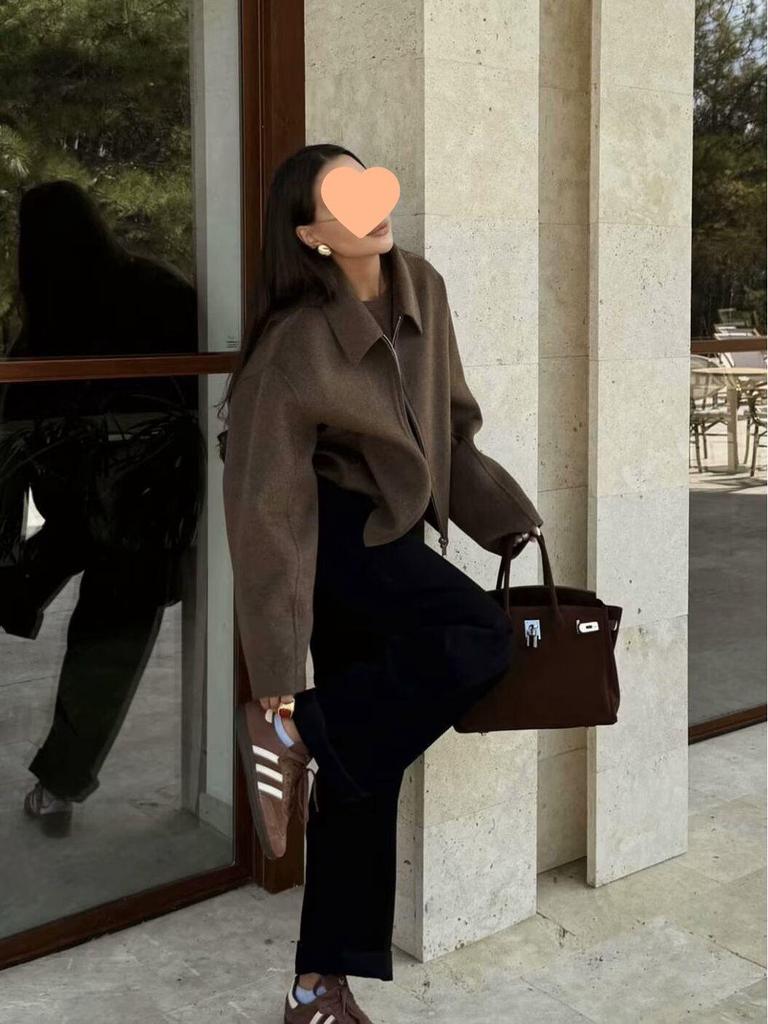 European & American Women's Retro Solid Color Lapel Short Jacket - Brown.