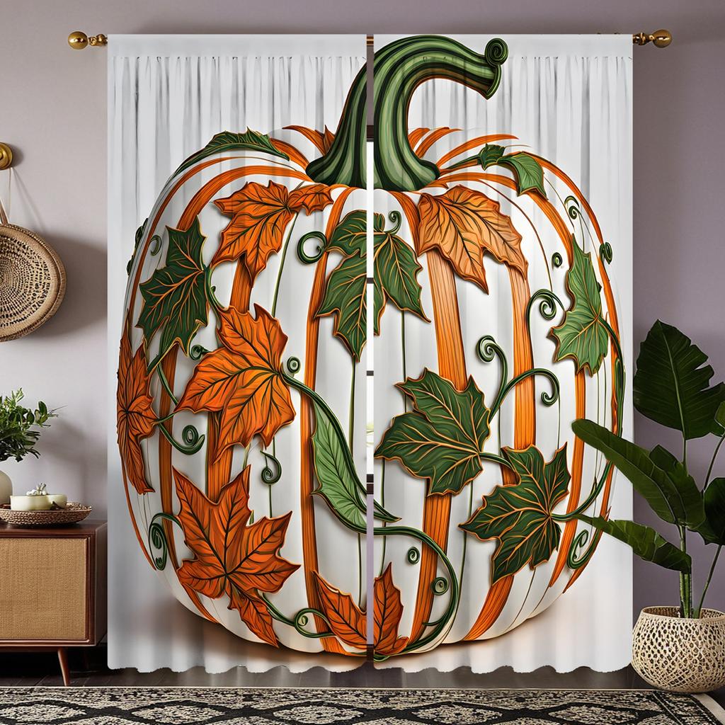 Set Of 2 Hd Chinese Pumpkin Stereo Decorative Curtain White Tie Digital Printed Home Decoration Style Living Polyester