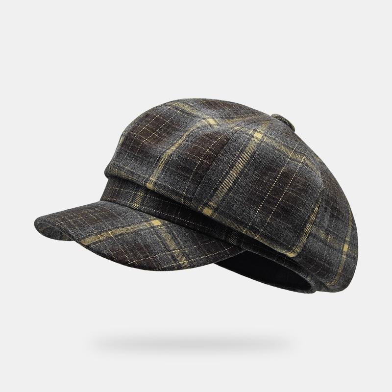 Retro Octagonal Hat Female Spring and Autumn Show Face Small Plaid Painter Beret Niche Design Bud Hat