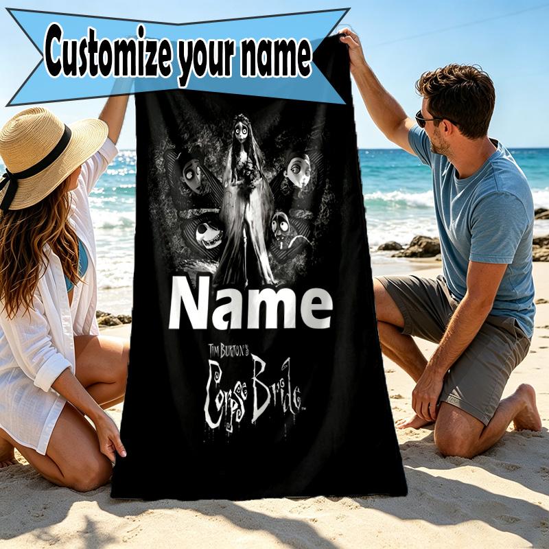 Custom Name Personalized Corpse Bride Print Beach Towel, for Trip Camping Beach Party Home Decor, Birthday Gift for Family & Friends