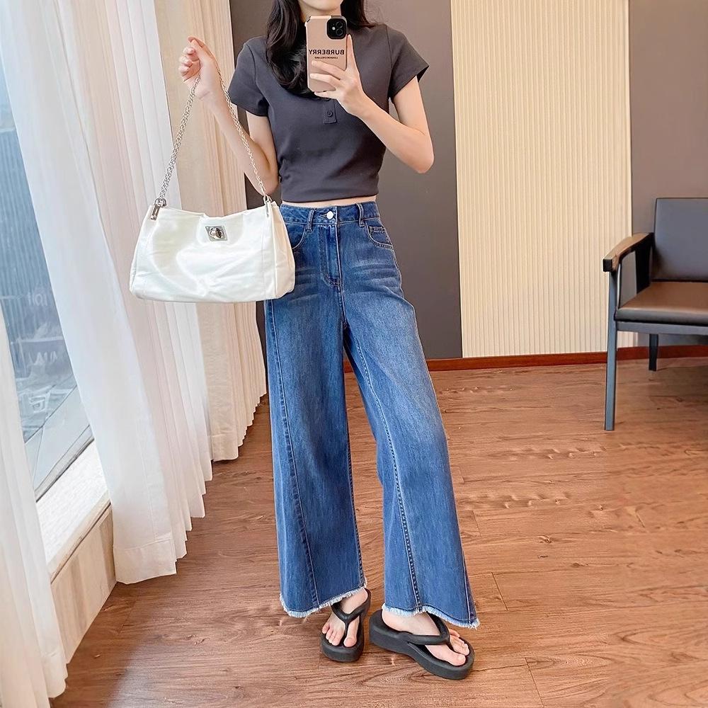

Women s 2025 Spring Slimming Retro Draping Straight-Leg Wide-Leg Jeans, Hip-Covering Cropped Pants for Pear-Shaped Figures and Petites S світло-синій колір