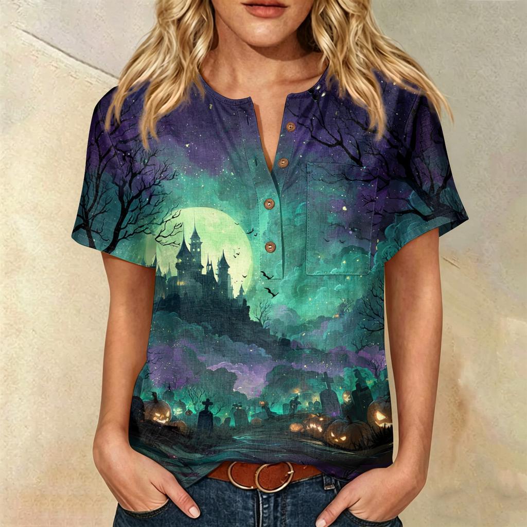 Women's Casual Short Sleeve Linen Cotton Blend Henley Shirt with Chest Pocket Halloween Themed Graphic Print