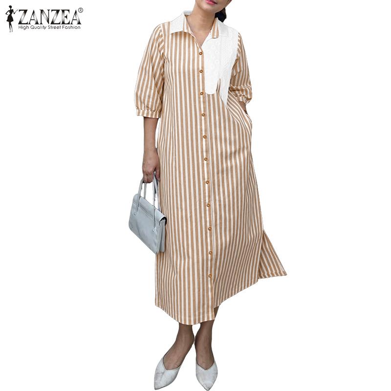 ZANZEA Women Casual Turn Down Collar Loose 3/4 Sleeve Stripe Dress