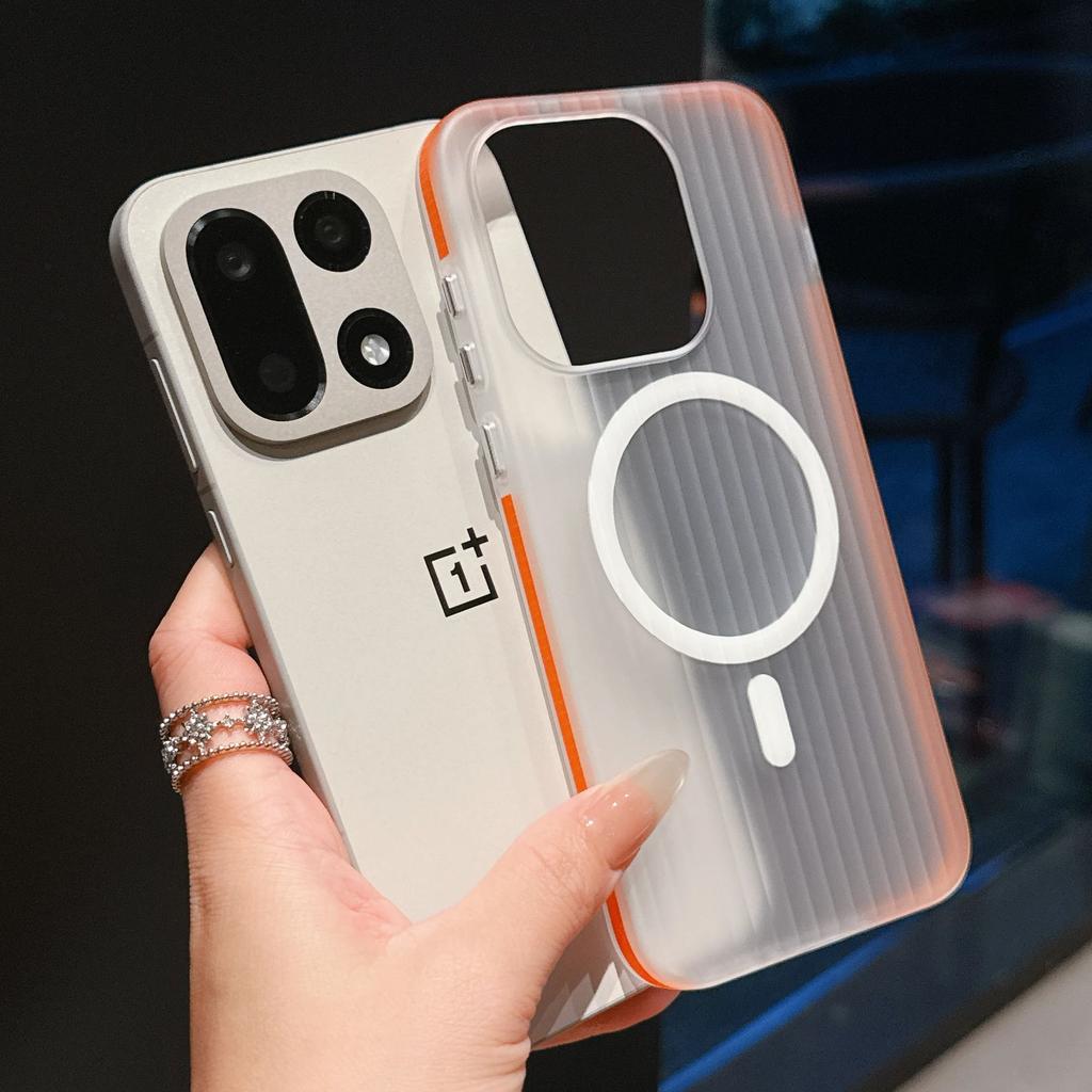 Luggage Stripe Magnetic For MagSafe Phone Case For Oneplus 15 Wireless Charging Transparent Corrugated Hard PC Slim Cover Funda