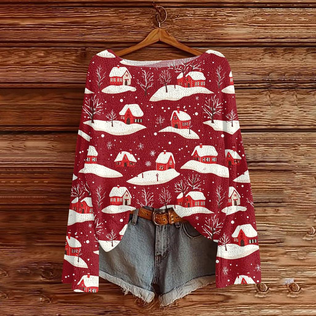 Women's Fashion Round Neck Long Sleeve Christmas Print Casual Pullover Sweater Top