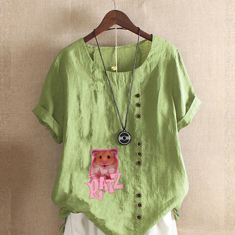 

Женская модная футболка с круглым вырезом и коротким рукавом, повседневная рубашка из хлопка и льна с рисунком, свободная летняя блузка с розовым принтом и мышиным принтом 5XL зелёный