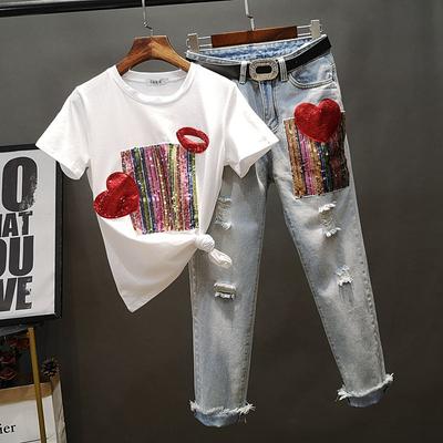 Conjuntos de dos piezas para mujer, camiseta holgada de manga corta con lentejuelas de amor y pantalones vaqueros con agujeros, conjuntos de camisetas para mujer, primavera