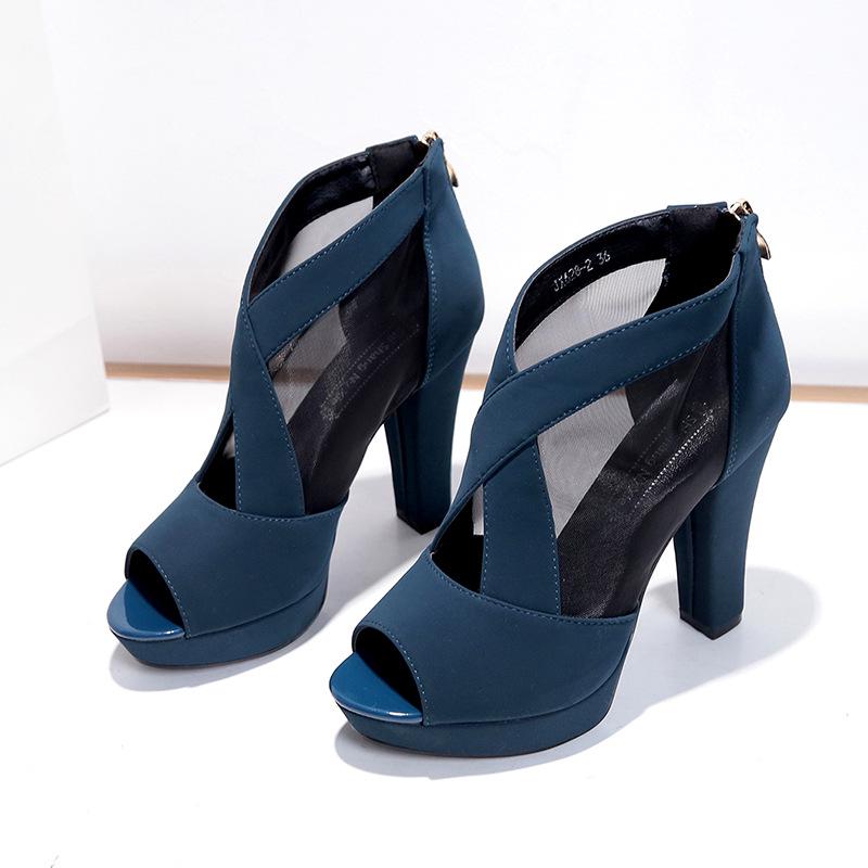 Women's Sandals Summer New Mesh Breathable High Heels Women's Shoes European and American Style Thick Heel Fish Mouth Sandals Women