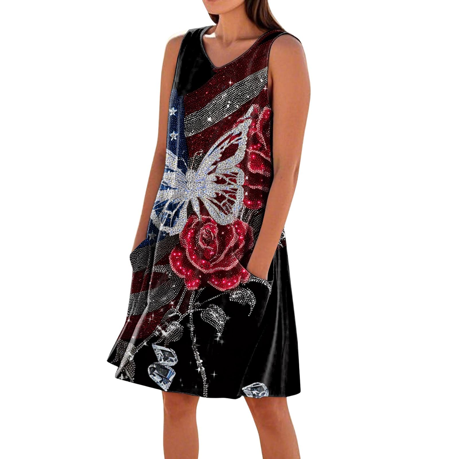 Women s Casual Printed Sleeveless V-Neck Pocket Dress XL