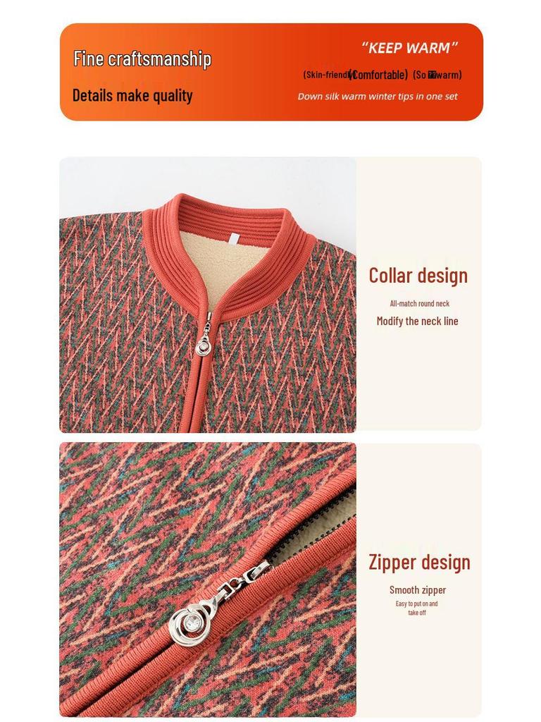 Fleece-lined Wool Cardigan for Women, Ideal for Middle-aged and Elderly Ladies, Thick Warm Sweater for Autumn/Winter, Perfect for Ages 60+.