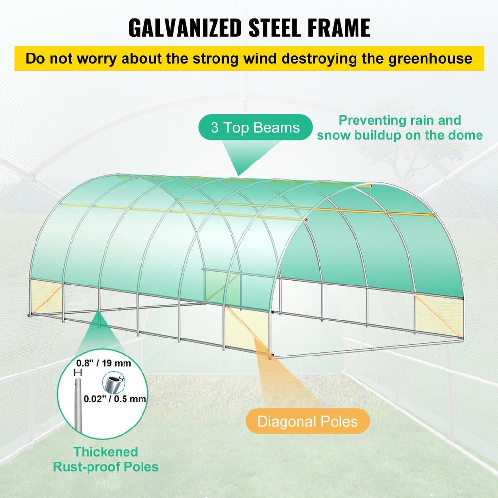 Walk-in Tunnel Greenhouse, 20 X 10 X 7 Ft Portable Plant Hot House W/ Galvanized Steel Hoops, 3 Top Beams, 4 Diagonal Poles, 2 Zippered Doors & 12