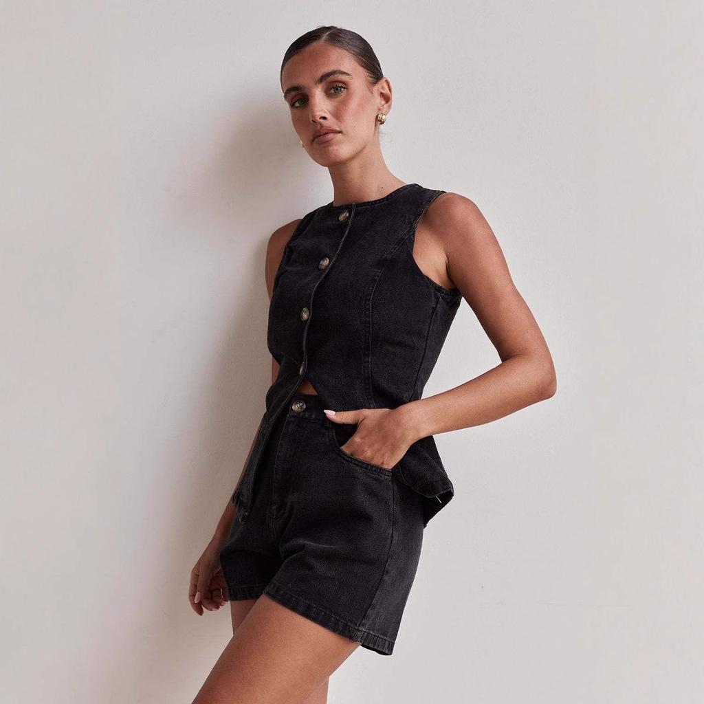 Spring Summer Fashion Sleeveless Waist High Waist Loose Cowboy Shorts Set