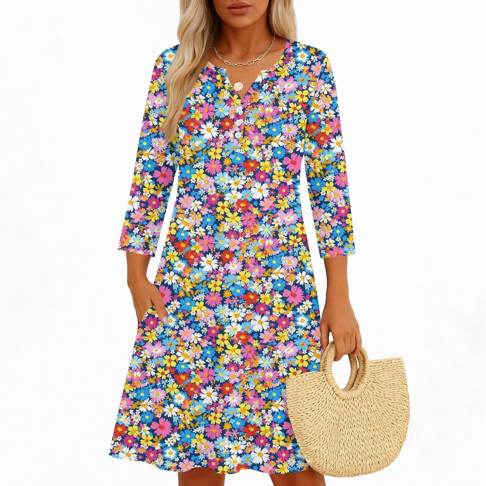 

Сукні Для Жінок Весняні Сарафани Жіноча Повсякденна Сукня з Рукавом 3/4 V-подібний Виріз Бохо Сукня з Квітковим Принтом XL Кіновар