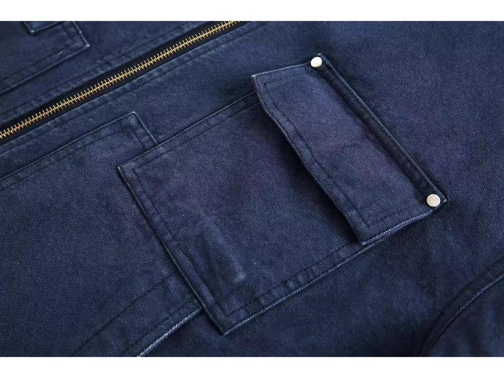 Men's Retro Blue Detroit Workwear Jacket - Heavyweight Spring/Autumn Color Block Lapel Outerwear