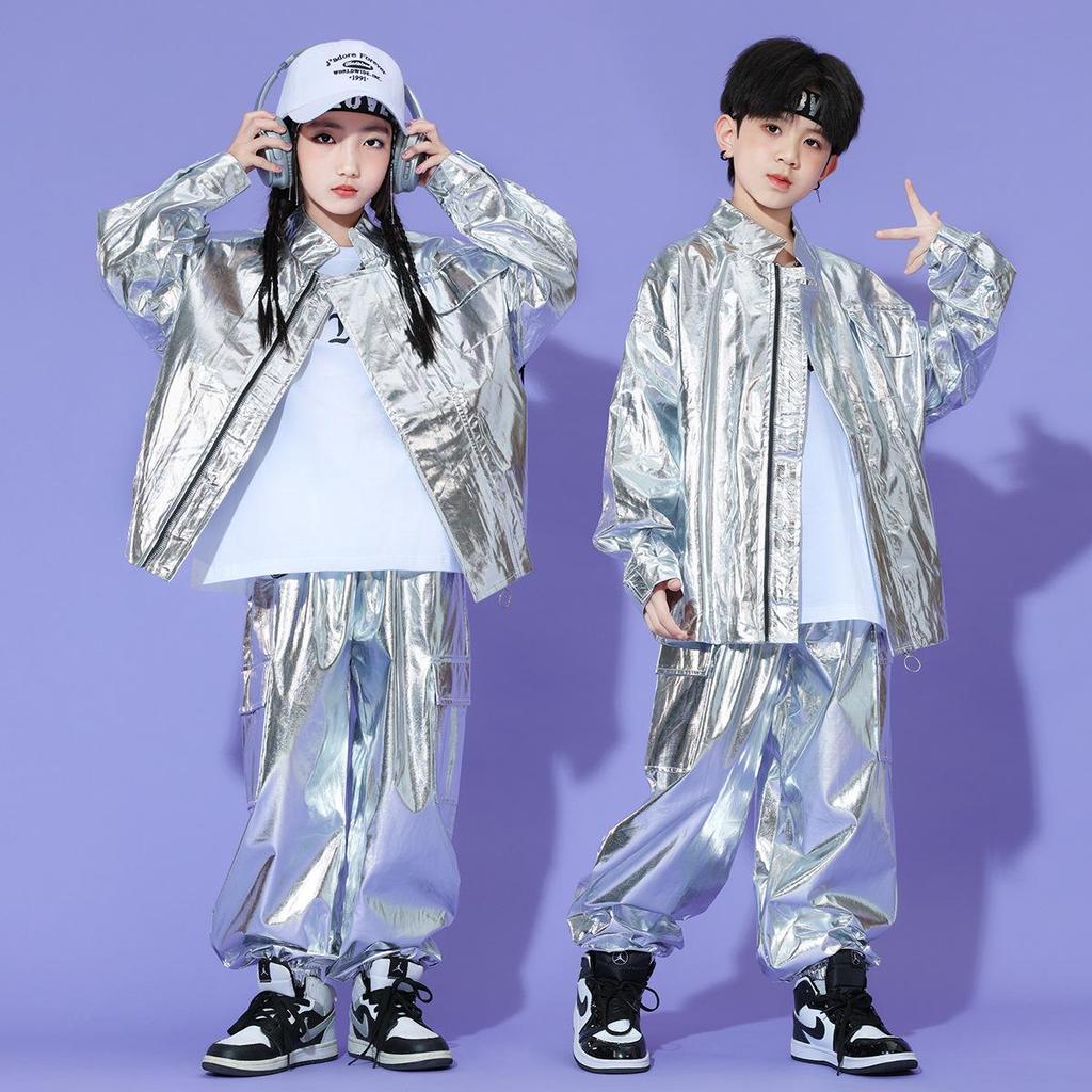Children's Shiny Silver Leather Hip Hop Set for Stage Shows and Street Dance Performances.