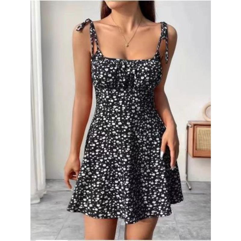 Damenmode Sommer Frühling Blumenmuster Druck Ärmellose Hosenträger Hohe Taille Freizeitkleider S schwarz