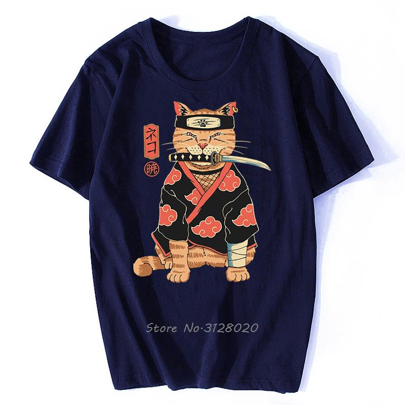 Anime Samurai Cat T Shirt Men Japanese Ukiyo-E Ninja Cat Print T-Shirt Men Cotton Tshirt Fashion Streetwear Harajuku Tees