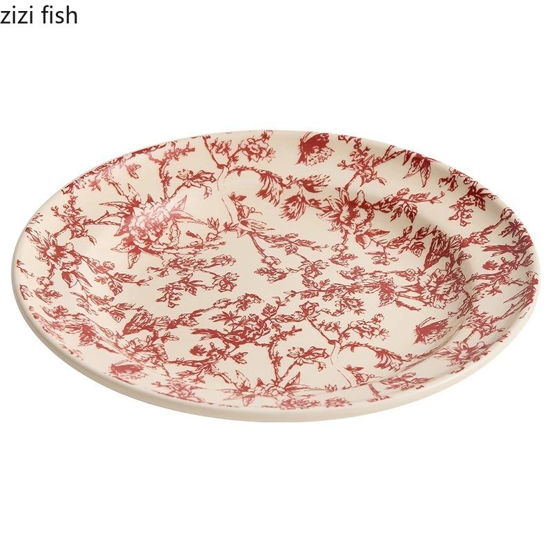 Vintage Blumenmuster Keramik Flacher Teller Runder Dessertteller Steakteller Salatteller Grillteller Hotel Kreatives Geschirr