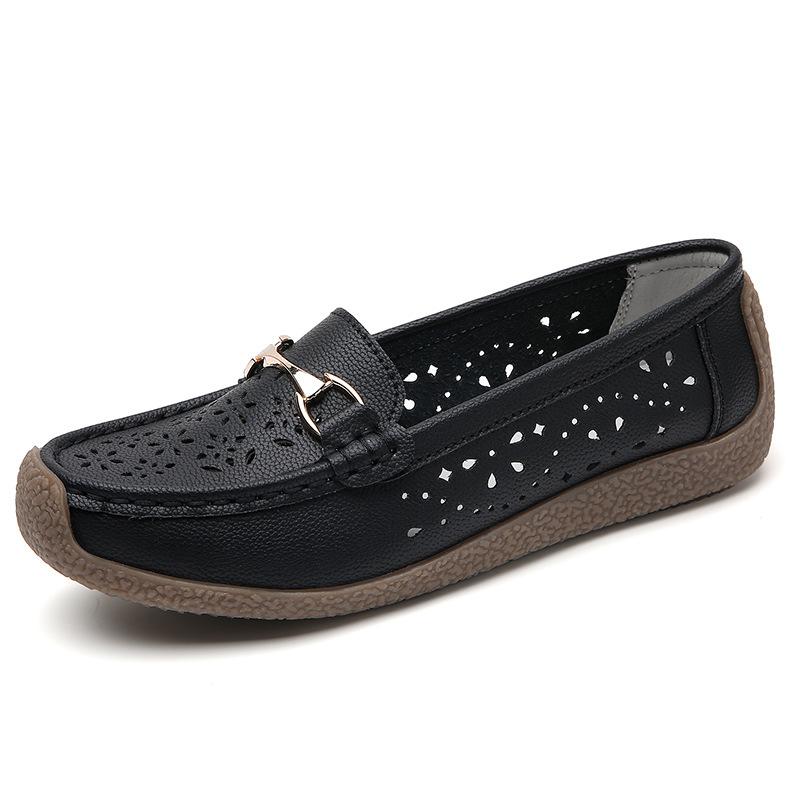 Genuine Leather Large Size Women's Shoes for Spring Genuine Leather Beans Shoes for Middle-aged and Elderly People Hollowed-out Shoes