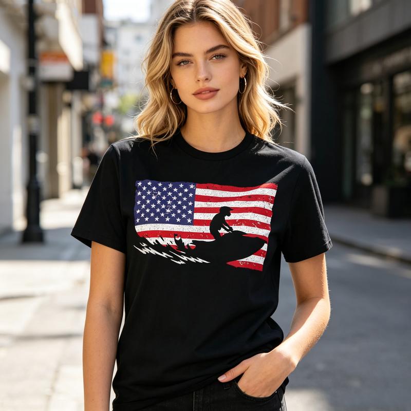American Flag Jet Ski Graphic T Shirt Vintage USA Flag Jet Skiing Print Unisex Soft Cotton Crew Neck Short Sleeve Trendy Casual