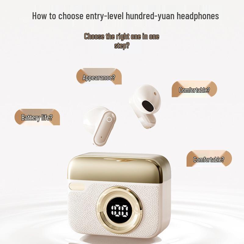 Retro Camera Bluetooth Headset: Short-Handle, In-Ear Design, Noise Reduction, Ultra-Long Battery Life, High-Quality Sound (T24)