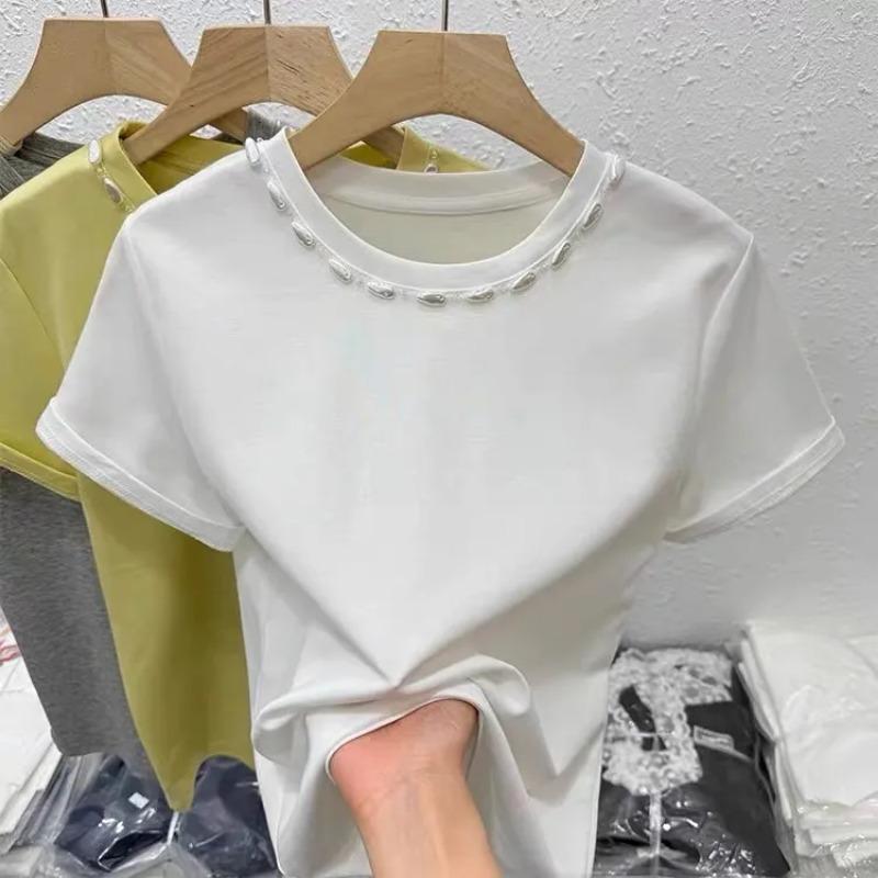 Women's Pearl Beaded Crew Neck Short Sleeve Casual T-Shirt