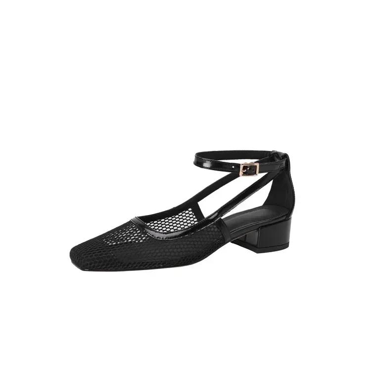 

Summer Women Sandals Square Toe Chunky Heel Shoes for Black Mesh Ankle Strap Modern Women Shoes Luxury Feminina Zapatos Tacones 39 чёрный