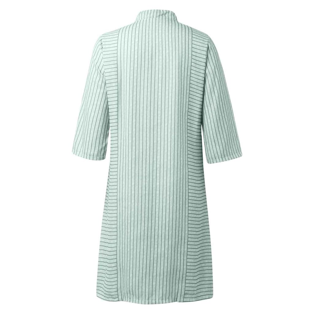 Elegantní dámské šaty 2024 Léto Pruhovaný potisk Konopí Krátký rukáv Střední délka Výstřih do V Zapínání na knoflíky Dámské oblečení Župan S-3XL