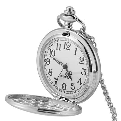 Klassische Quarz Analog Glatte Taschenuhr Halskette Anhänger mit Kette Silber