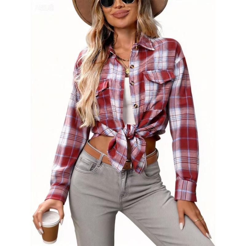 women plaid button down shirt collared long sleeve casual loose fit blouse S белый