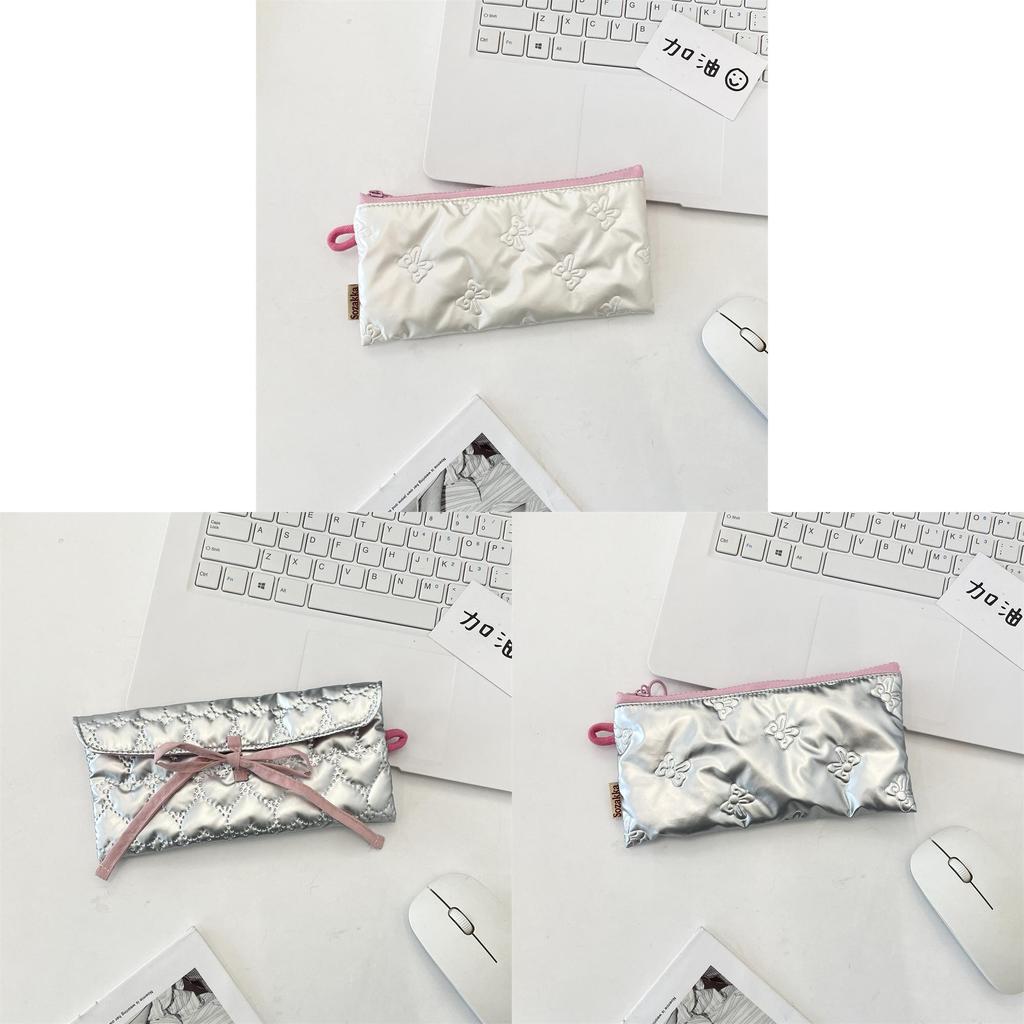 Classic Bowknot Pu Pencil Case With Zipper Closure For Students And Girls